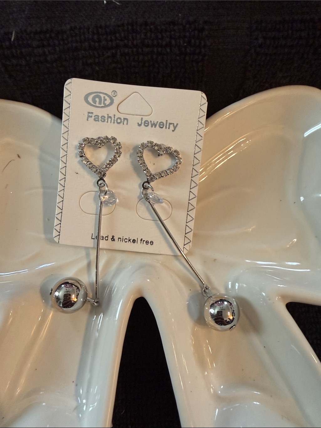 Fashion Jewelry Silver Heart Drop Dangle Earrings With Ball Accent